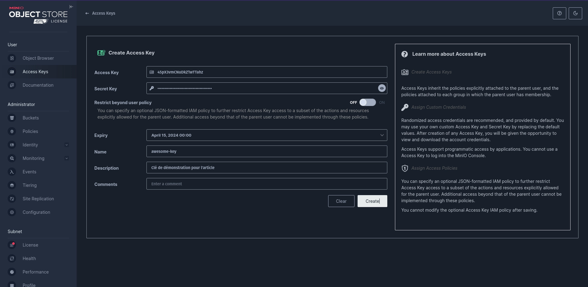 minio access keys create